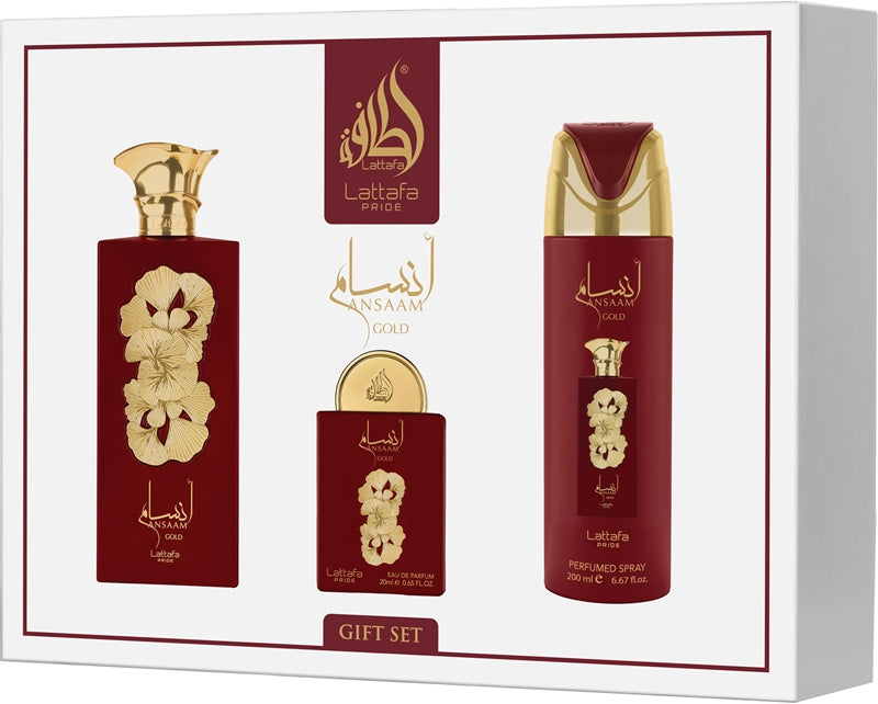 Lattafa Pride Ansaam Gold gift set box front view